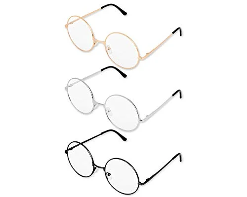 PLAY BLING Big 2-Inch Clear Lens Round Glasses Set of 3 Cosplay Metal Frame Fake Circular Glasses Circle Eyeglasses for Adult Women Men